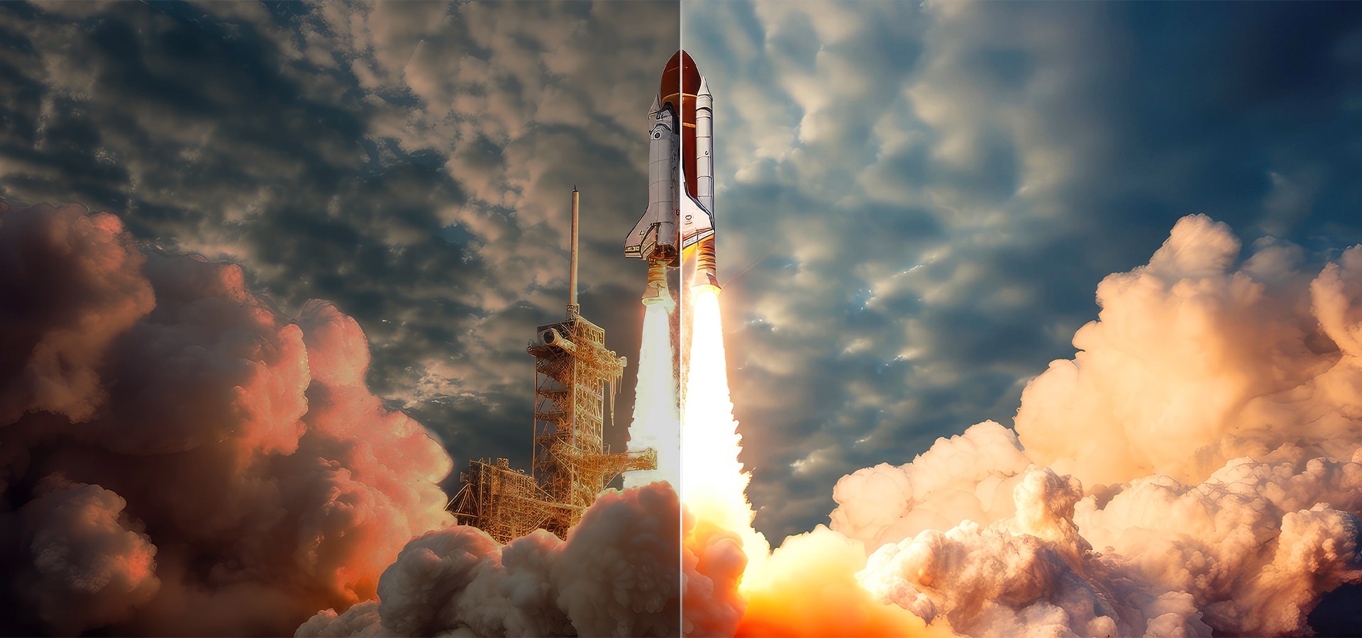 A split-screen image of a space shuttle blasting off, showing the brighter visuals on the 2025 LG G5 OLED TV.