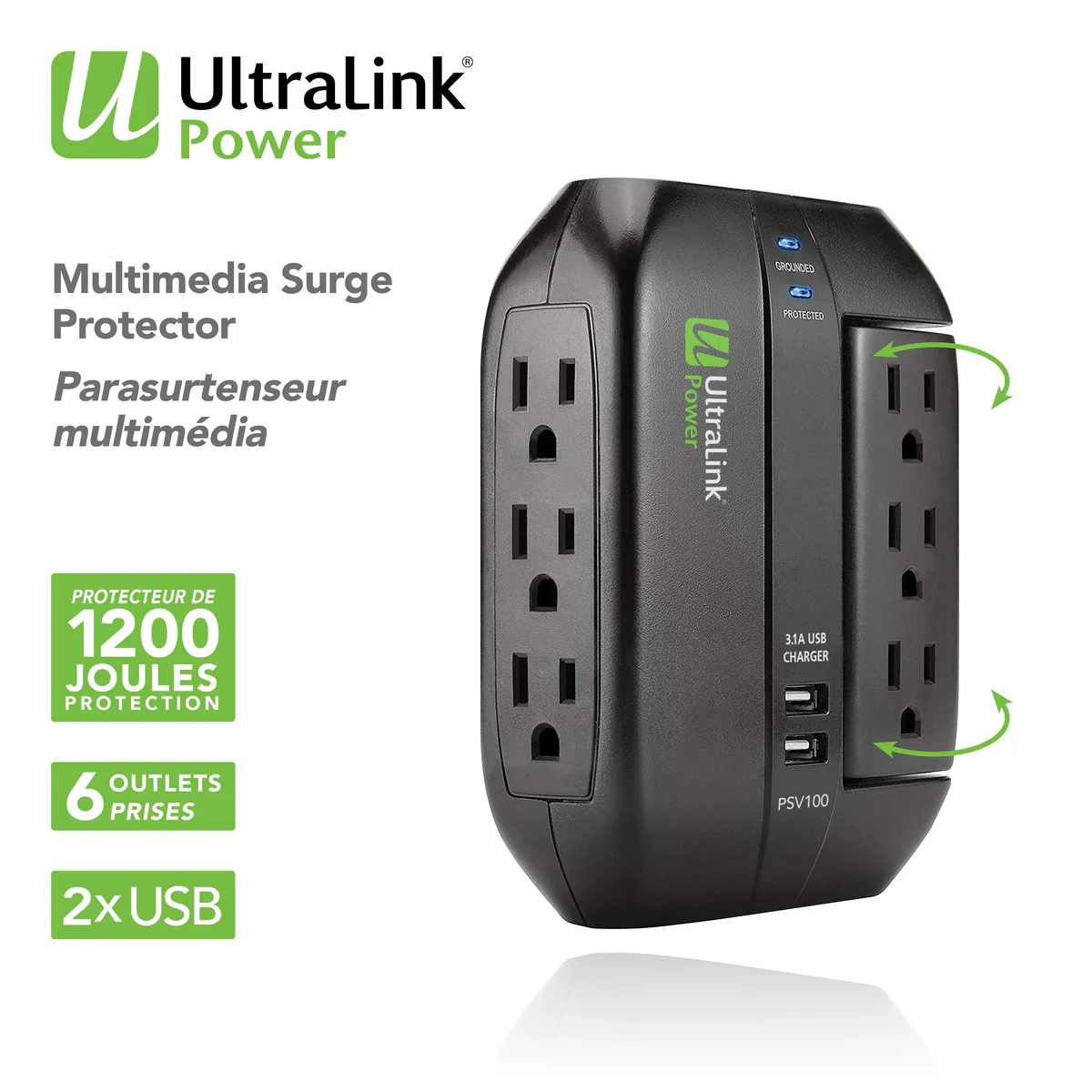 Ultralink Black 6 Outlet 2 USB Surge Protector Product Image 02