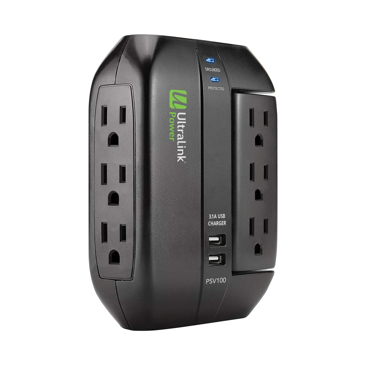 Ultralink Black 6 Outlet 2 USB Surge Protector Product Image 01
